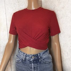 H&M RED CRISSCROSS FRONT CROPPED BLOUSE